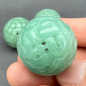 One(1) Vintage Hand carved aventurine bead: fish and eternity knot, represents harmony forever, green jade bead of fish and eternity knot