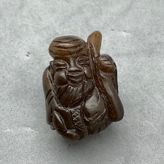 1 Vintage Hand carved brown jade charm of god of … - image 1