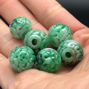 Jade carving: one hand carved natural color jadeite bead, carved with flowers, apple green, translucent,  natural color fei cui