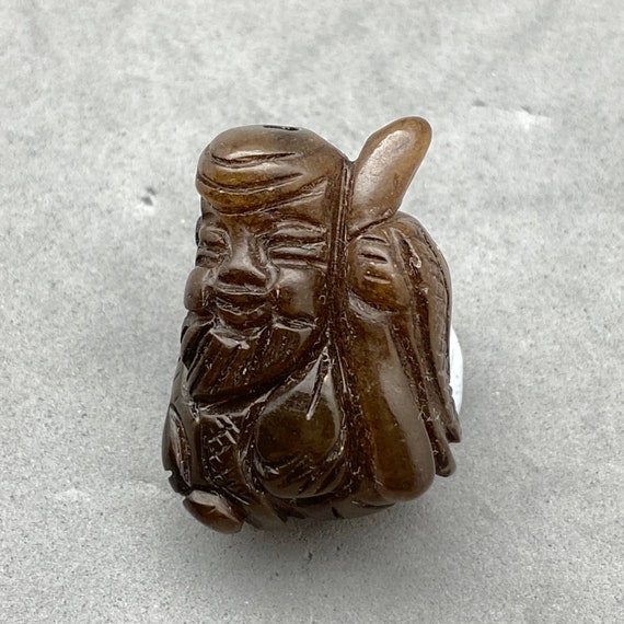 1 Vintage Hand carved brown jade charm of god of … - image 6