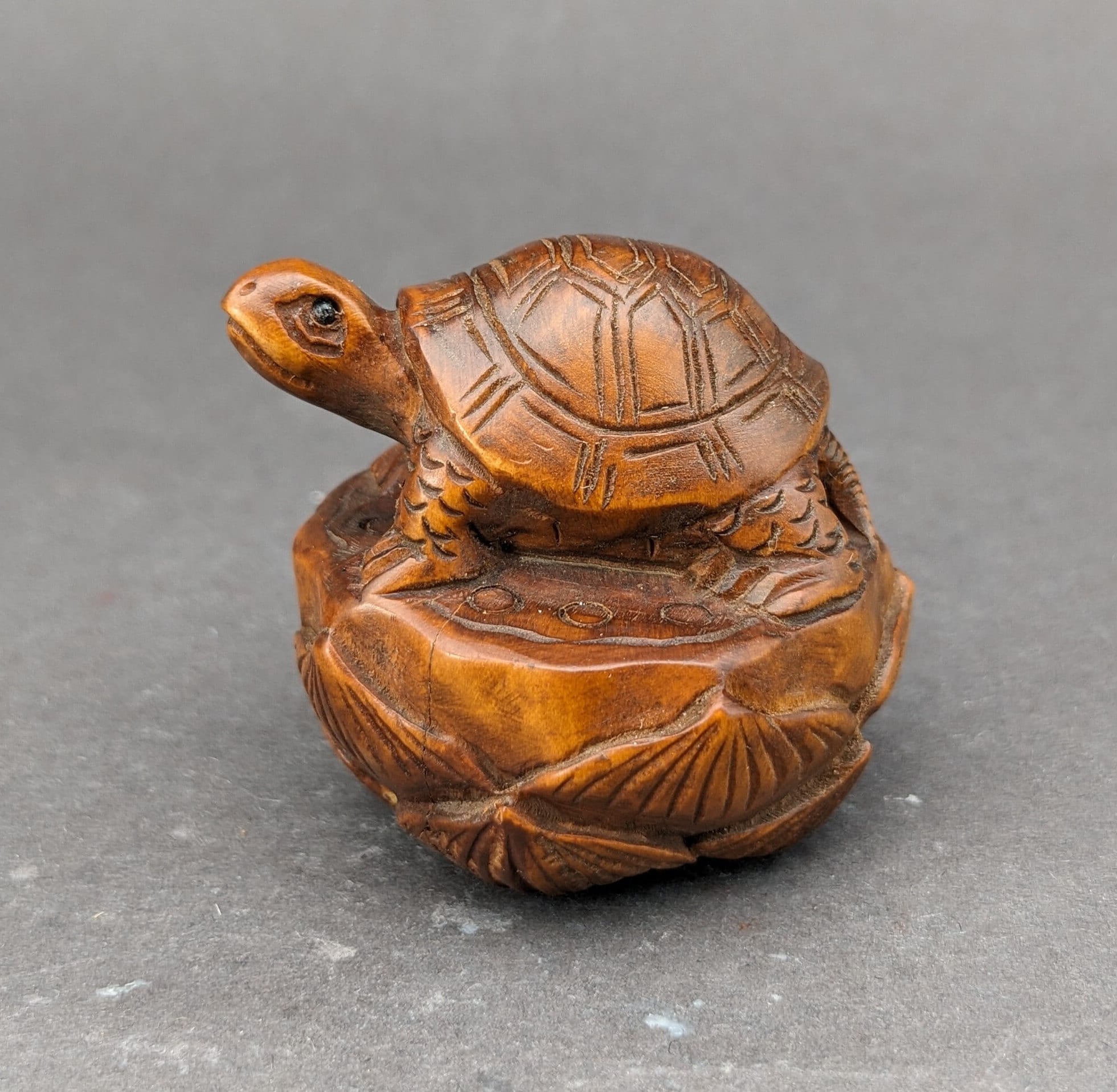 Hand Carved Boxwood Turtle on a Lily Pad, Turtle Netsuke