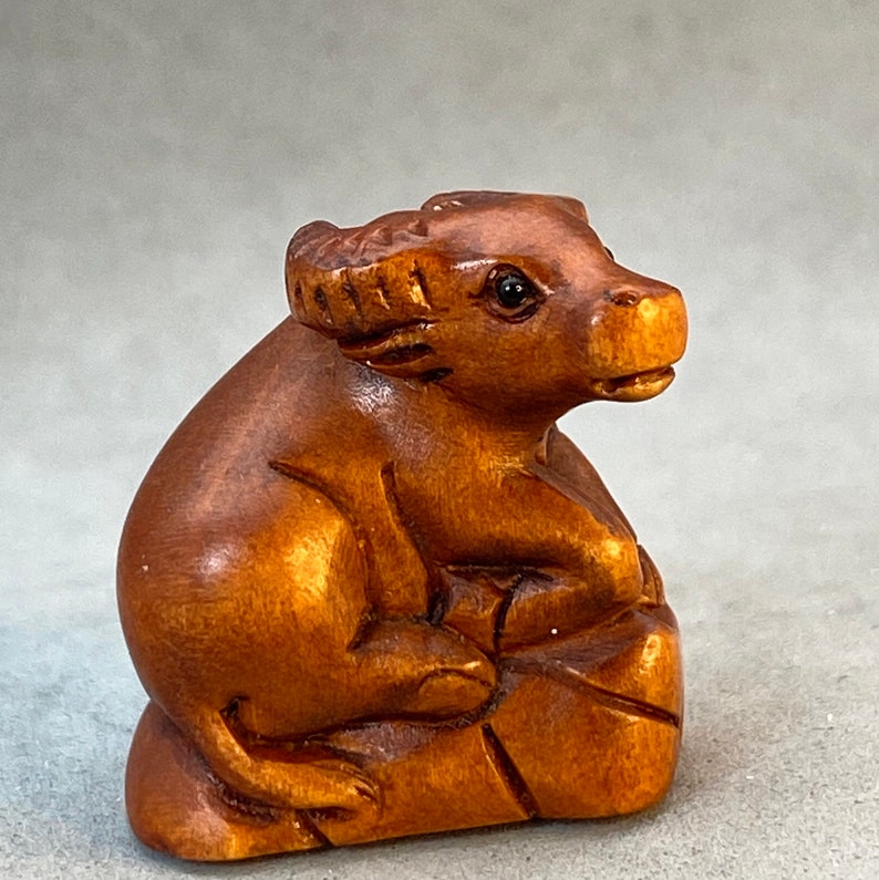 ox Boxwood ojime: hand carved boxwood ojime ox bead cow charm sustainable material signed year of the ox finely carved wood ox charm