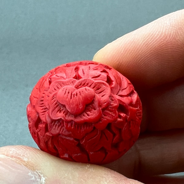 One(1) Vintage cinnabar beads, red cinnabar beads, hand carved cinnabar beads with floral design, vintage red cinnabar beads