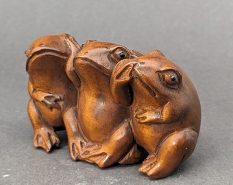 Netsuke rana intagliato a mano, non sentire-vedere-parlare, non sentire il male, non parlare male, non vedere il male