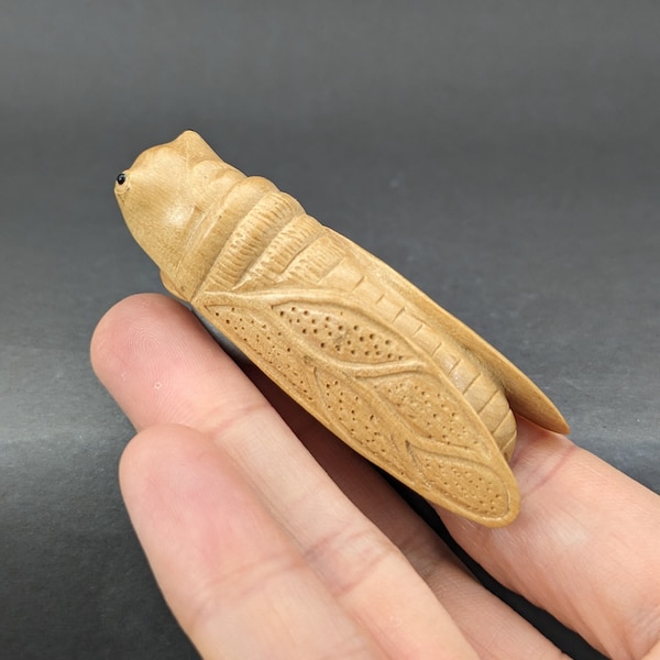 Whispers of Prosperity - Hand Carved Boxwood Cicada Netsuke, natural color boxwood cicada netsuke, signed artist wooden cicada netsuke