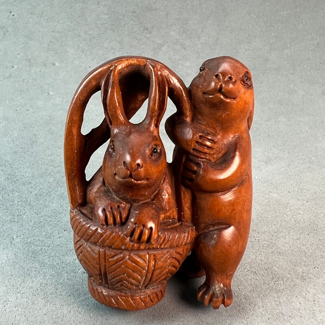 Boxwood Rabbit Wood Carving: Hand Carved Boxwood Bunny Netsuke, Rabbit Charm, Boxwood ...