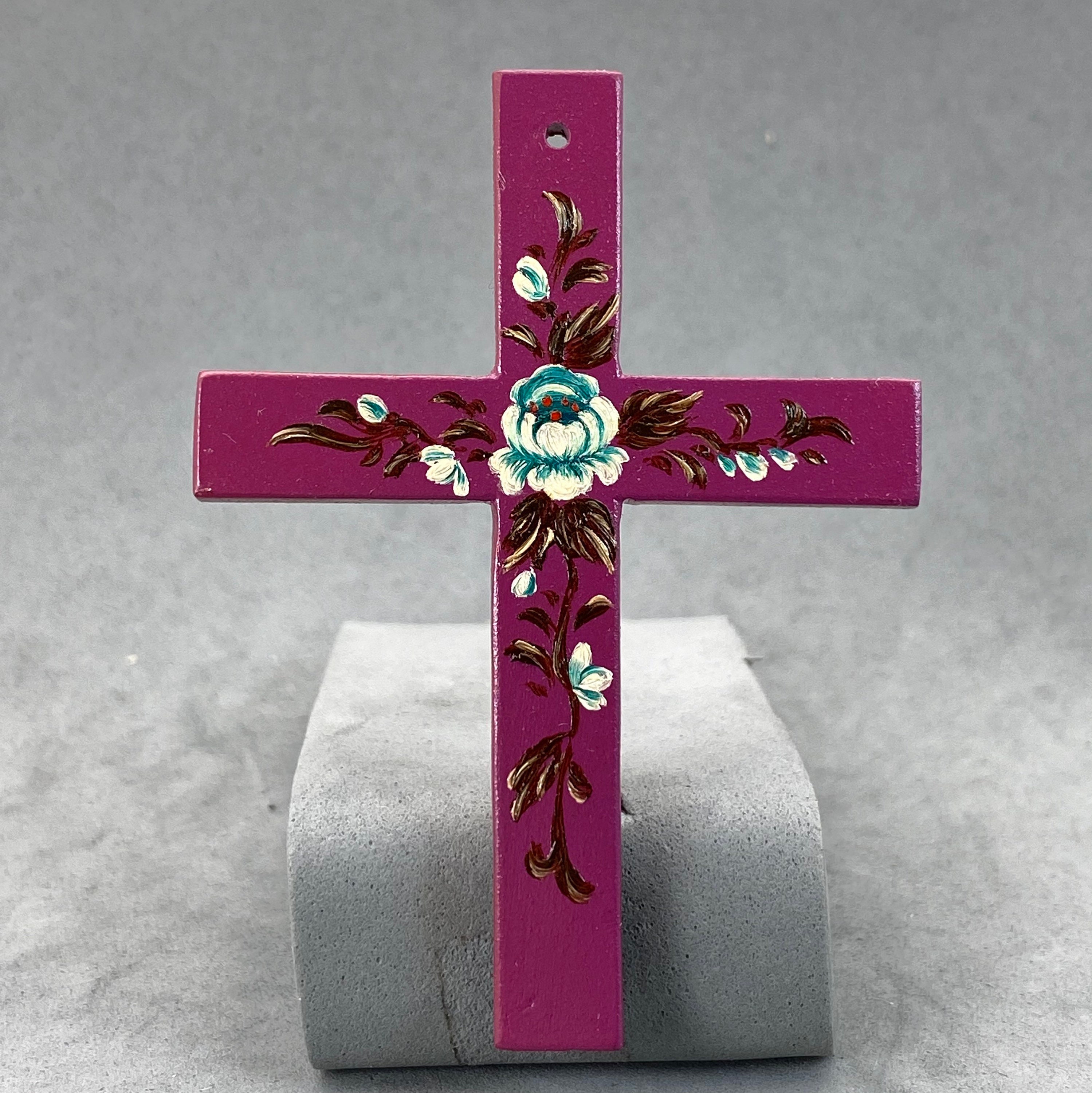 Fuchsia Wood Cross With Painted Bouquet Pendant, Drilled, Blue, Purple ...