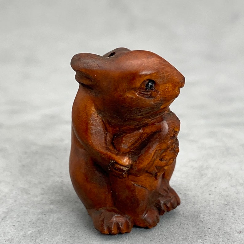 signed year of the hare hare One hand carved boxwood ojime: Mother and cub bunny wood rabbit charm rabbit kimono accessory toggle