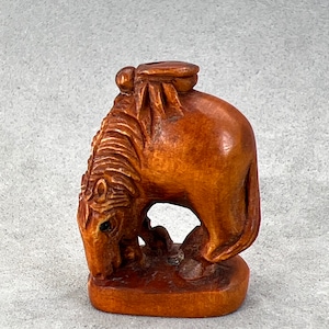 1 Hand carved Boxwood ojime of a seated horse, year of the horse, signed by artist, wood horse charm, wood horse toggle, kimono accessory