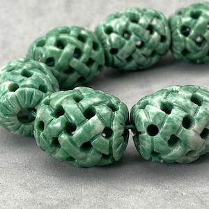 Bead Bar by Artrade: One(1) Vintage Hand carved green Qinghai barrel charm, green jade barrel beads, focal jade bead, serpentine, barrel