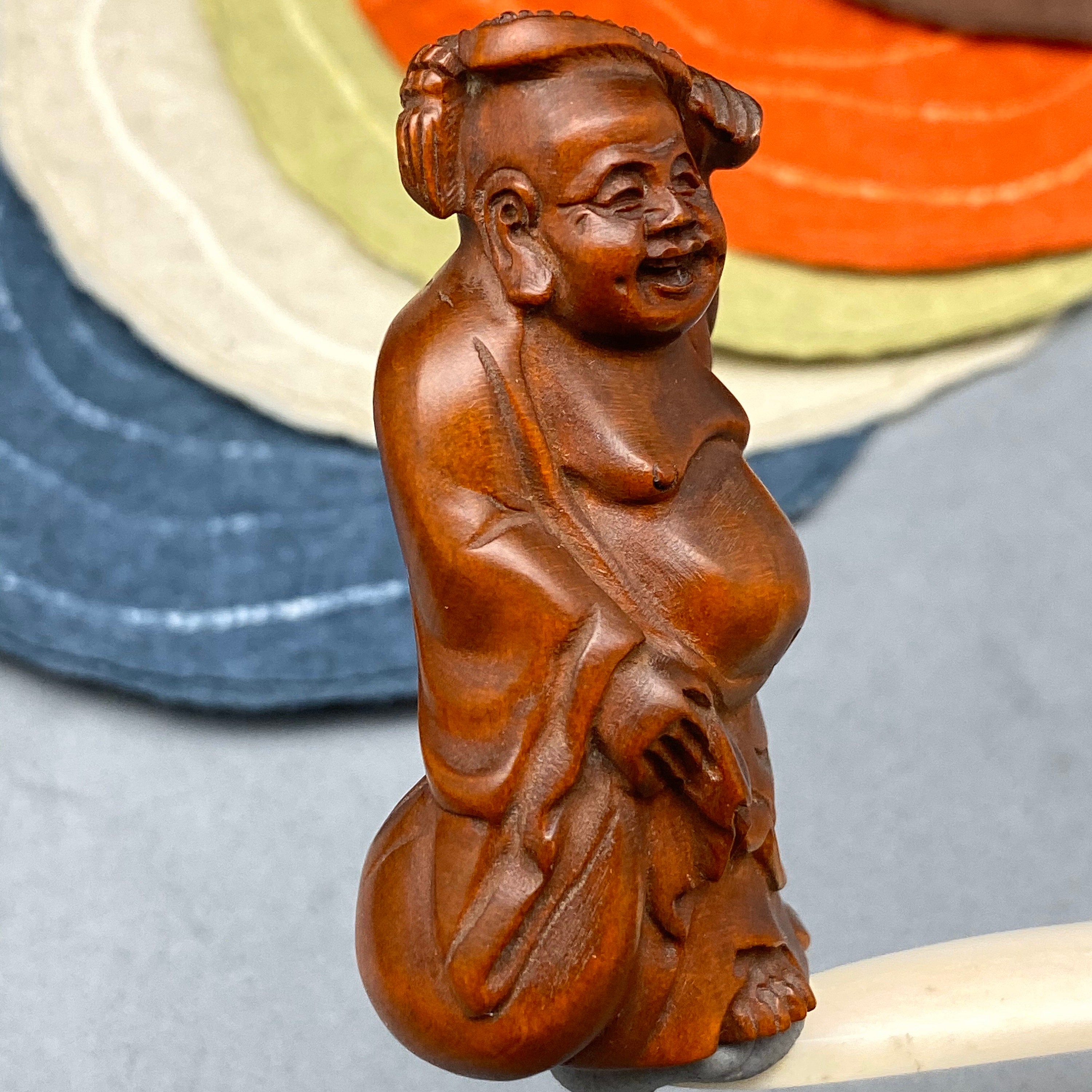 Hand Carved Boxwood Happy Buddha, Hotei, Happy Buddha Hand Carved Boxwood Happy Buddha, Hotei, Happy Buddha