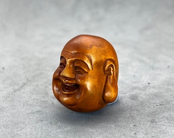 One Hand carved Boxwood ojime of Happy buddha, buddha head beads, wood happy Buddha, Amitābha, signed by artist