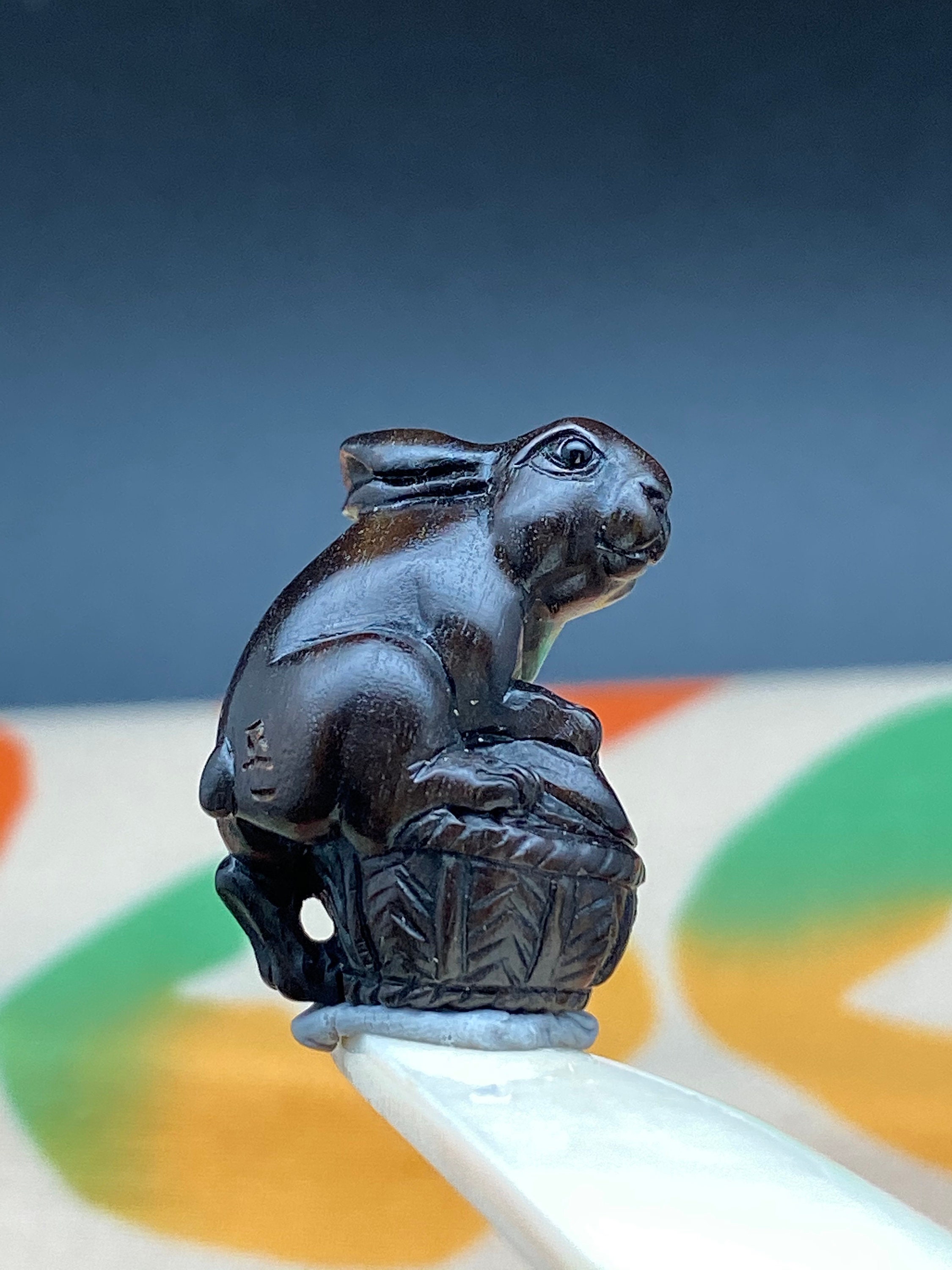 1 Hand Carved and Polished Teakwood Ojime: Bunny and a