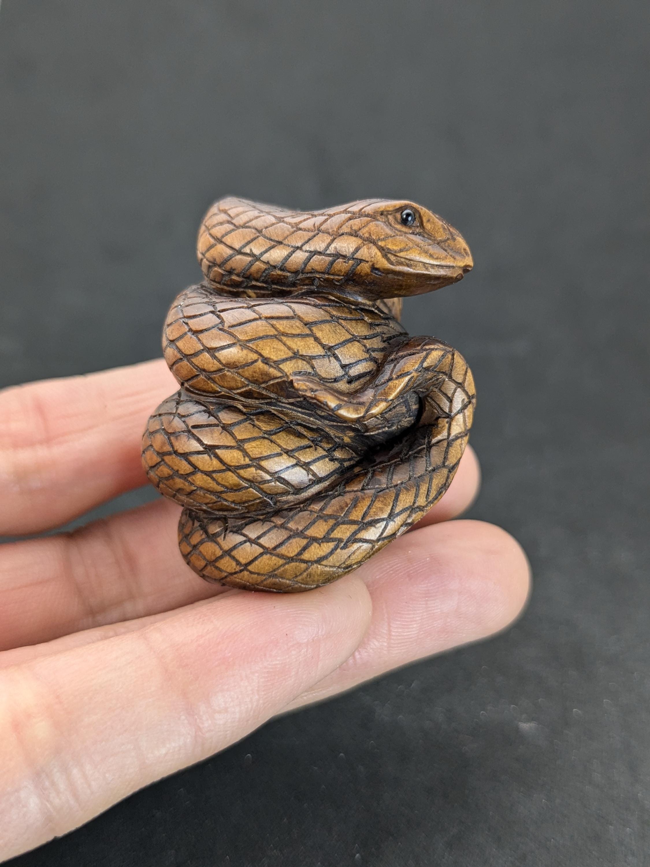 Hand Carved Boxwood Snake Netsuke, Wood Snake Netsuke, Boxwood