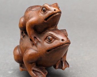 Handgeschnitzter Buchsbaumfrosch, Holzfrosch-Netsuke, Frosch-Netsuke, Glücksbringer-Frosch