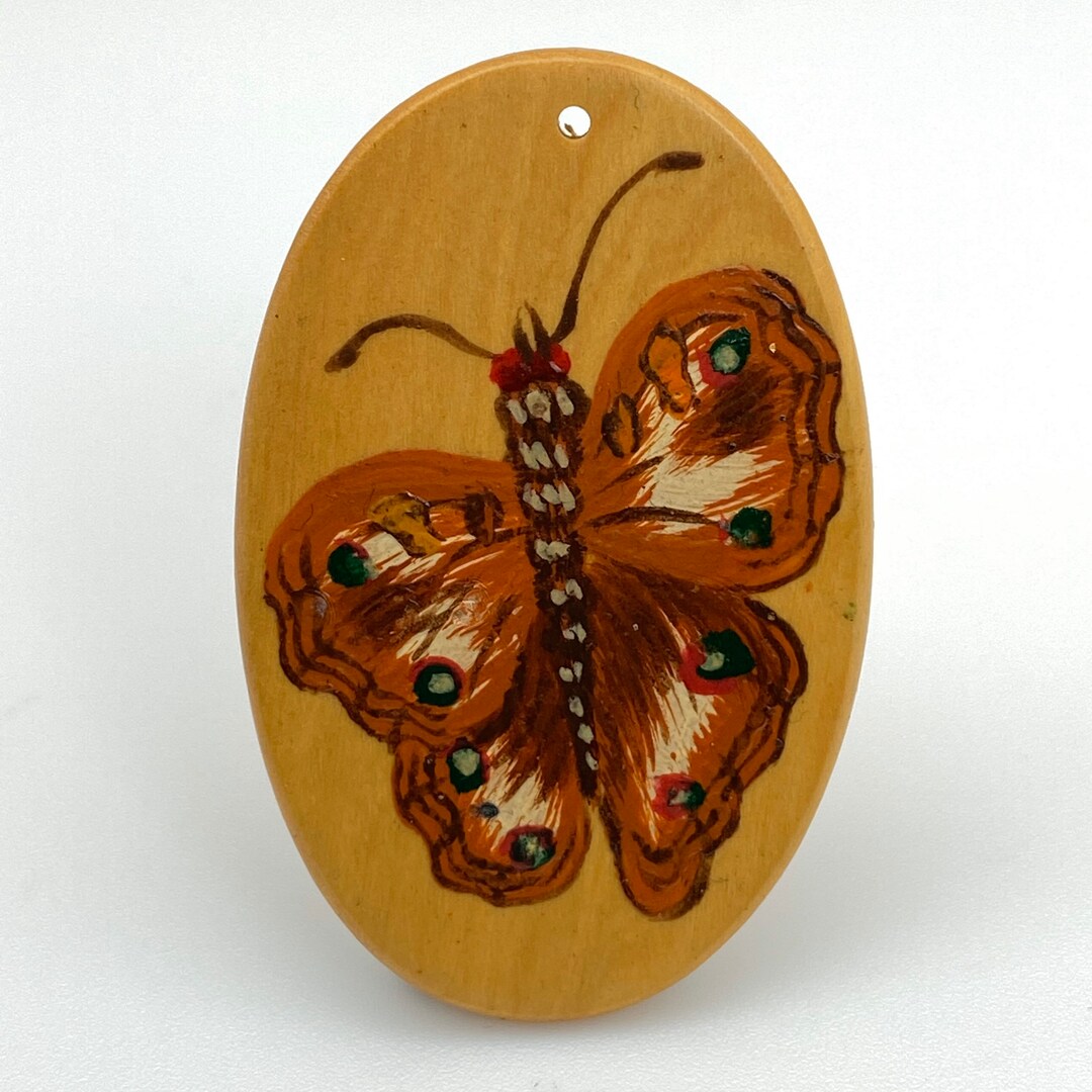 Butterfly Boxwood Pattern Boxwood Pendant: Hand Painted Blue Butterfly on a Light Brown Boxwood ...