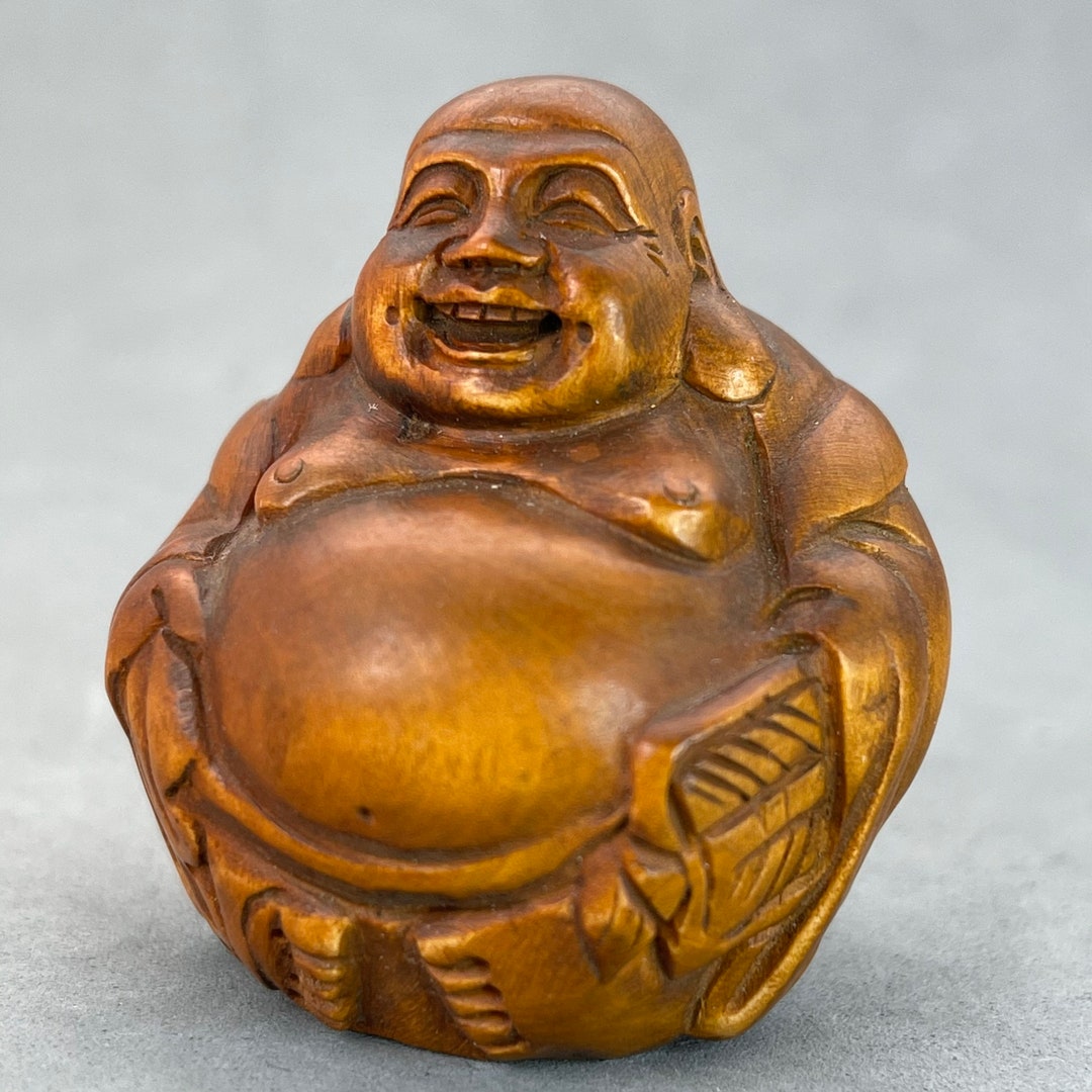 Hand Carved Boxwood Happy Buddha, Hotei, Happy Buddha Netsuke, Japanese ...
