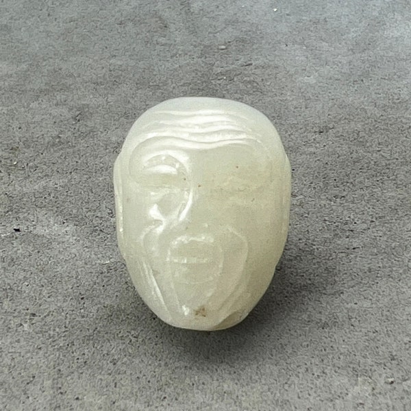 Bead Bar by Artrade: One(1) white nephrite jade buddha head bead, hand carved white jade happy buddha bead, buddhism, yoga, mala