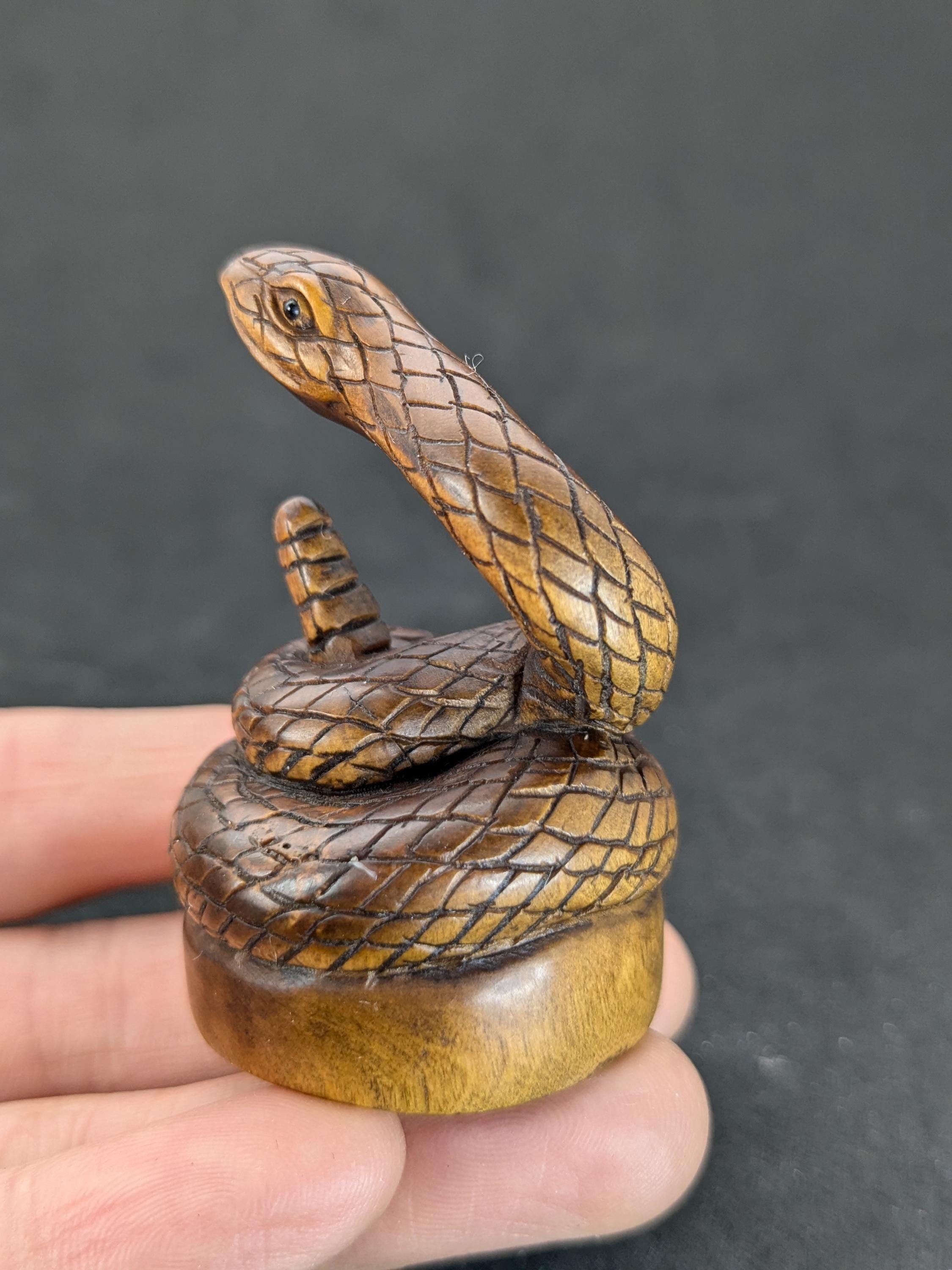 Hand Carved Boxwood Snake Netsuke, Wood Snake Netsuke, Boxwood