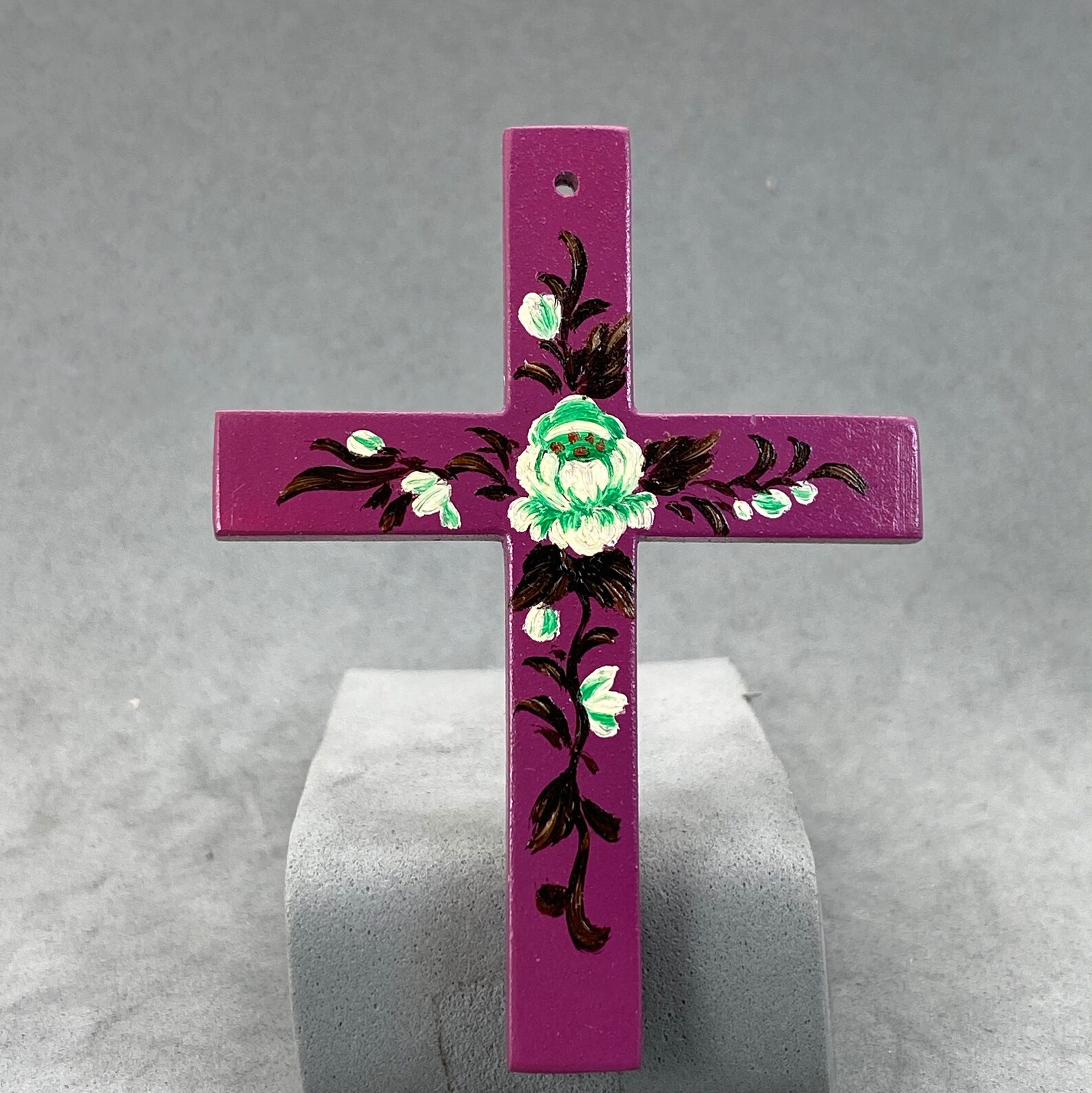 Fuchsia Wood Cross With Painted Bouquet Pendant, Drilled, Blue, Purple ...