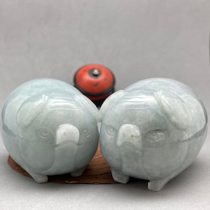 Vintage Hand carved Jadeite sculpture of a pair of pig, represents harmony,  green Burmese jade, natural color