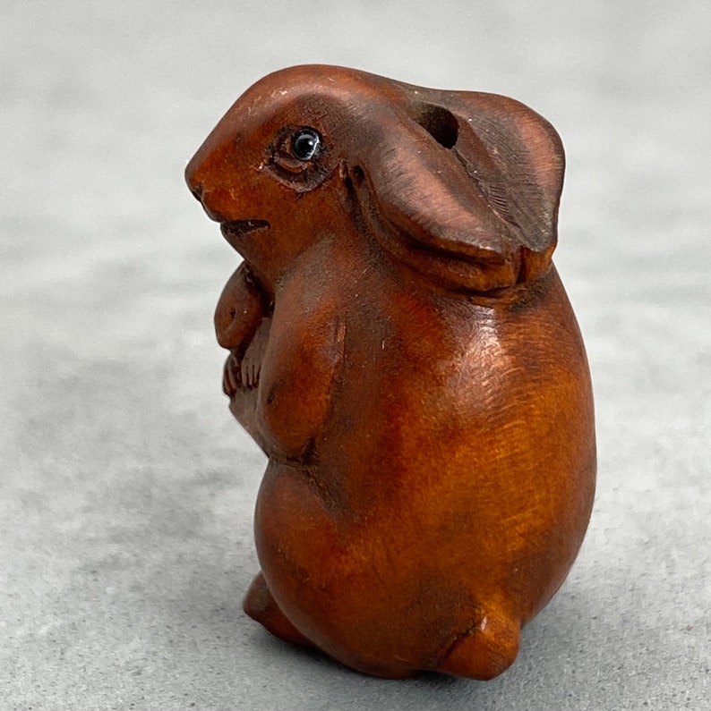 signed year of the hare hare One hand carved boxwood ojime: Mother and cub bunny wood rabbit charm rabbit kimono accessory toggle