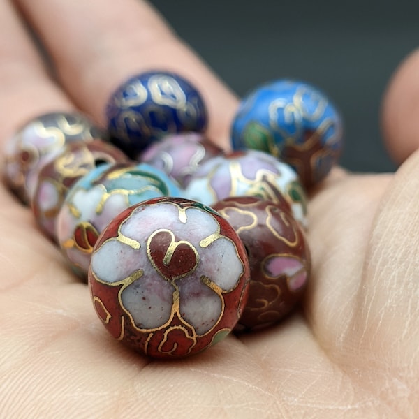 Vintage cloisonné beads: One bead of 14mm Extra Fine, cloisonné beads with pink cherry blossom, prosperity bead, rare, vintage cloisonné