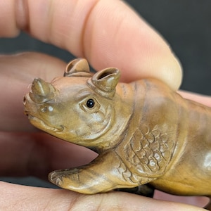 May include: A small, intricately carved wooden rhinoceros figurine. The figurine is brown and has a detailed face with a small horn.