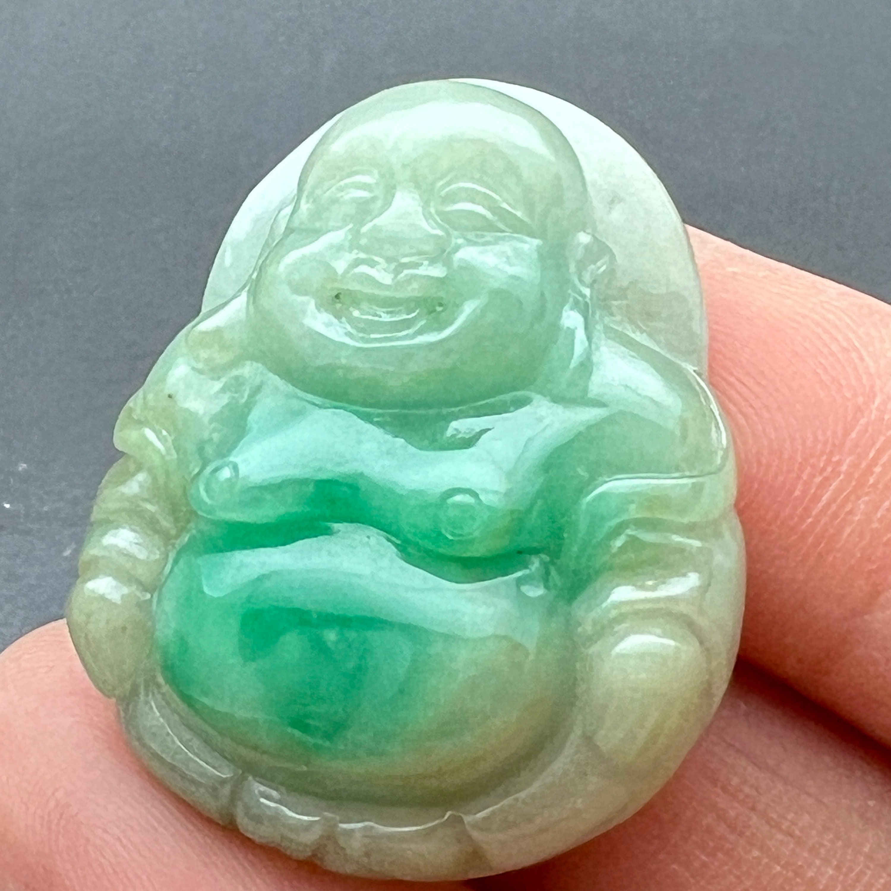 Pendentif Bouddha Rieur En Jade Vert Clair - Pierre Naturelle Translucide - Neuf Sans Emballage