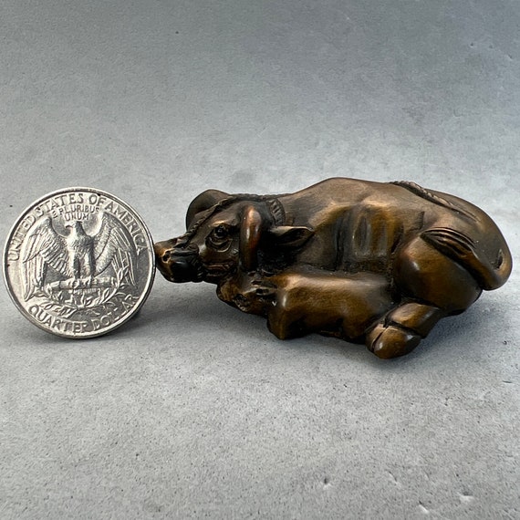Hand Carved Boxwood Ox Netsuke, Wood Ox Netsuke, Boxwood Cow