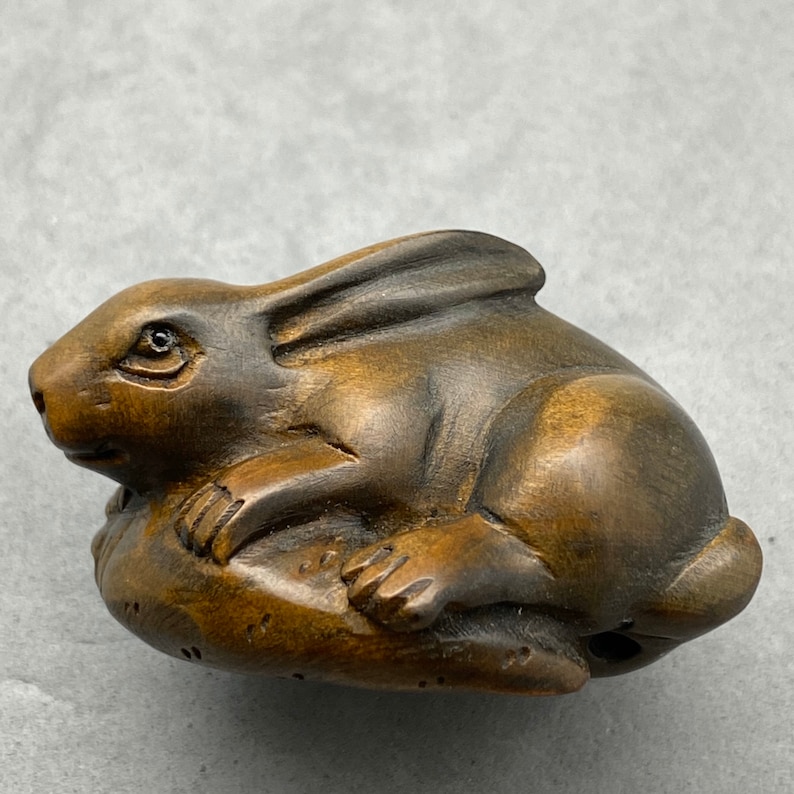Boxwood Netsuke Rabbit Hand Carved Boxwood Netsuke of Rabbits, Year of Hare, Rabbit Charm ...