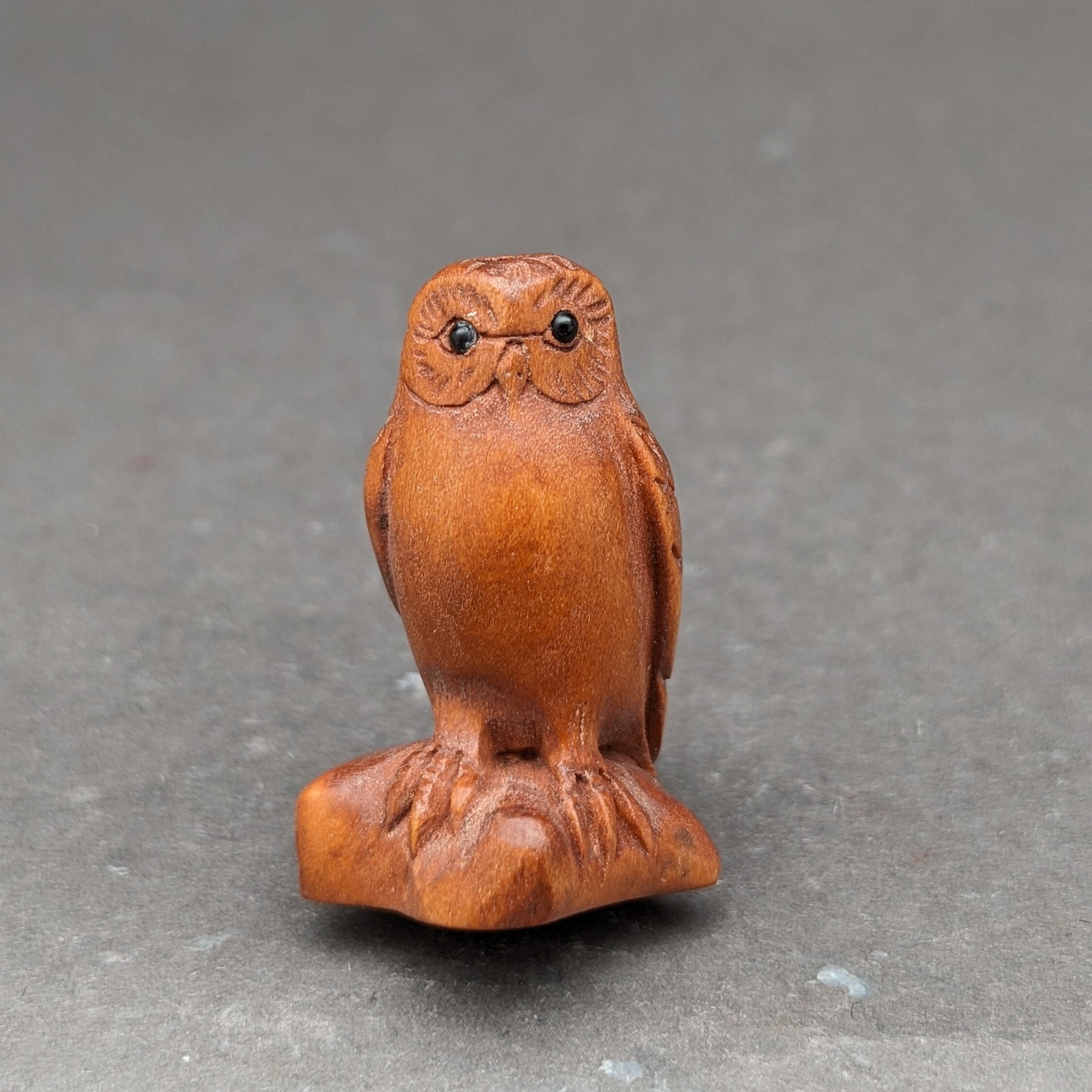 1 hand carved boxwood ojime: Owl, standing owl, symbol of wisdom, wood owl bead, wood owl charm, ver
