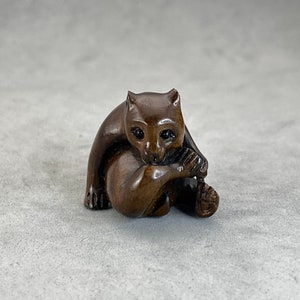 One Teakwood Ojime: panda, ironwood panda bead, wood panda charm, dark wood seated panda toggle, hand carved and signed by the carver