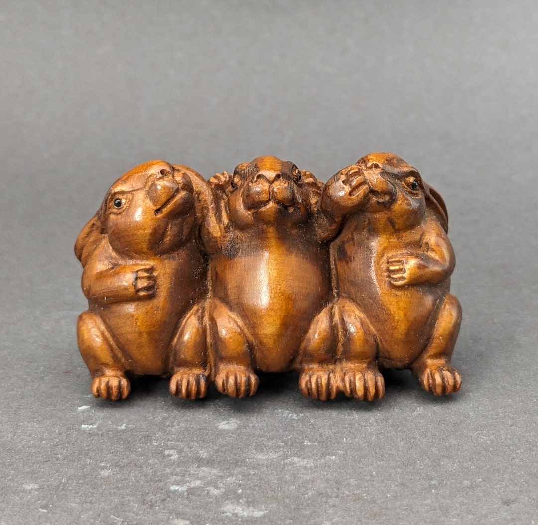 Hand Carved Boxwood Hear-see-speak No Evil Bunny Netsuke, Hear No Evil ...
