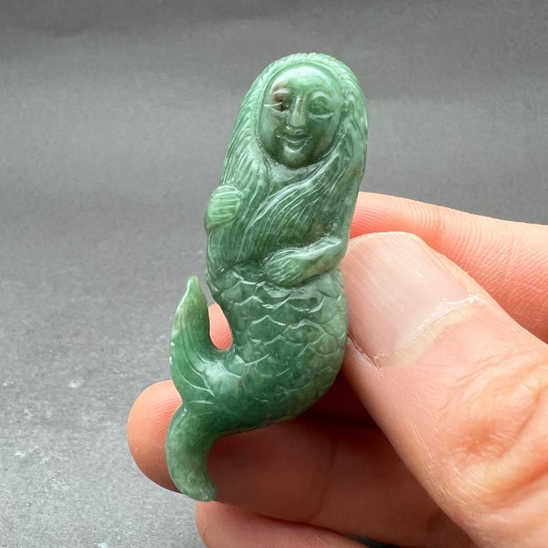 Estate Sale: Vintage Hand carved Jadeite bead of a mermaid, jade mermaid bead, green Burmese jade, natural color, fei cui mermaid, rare