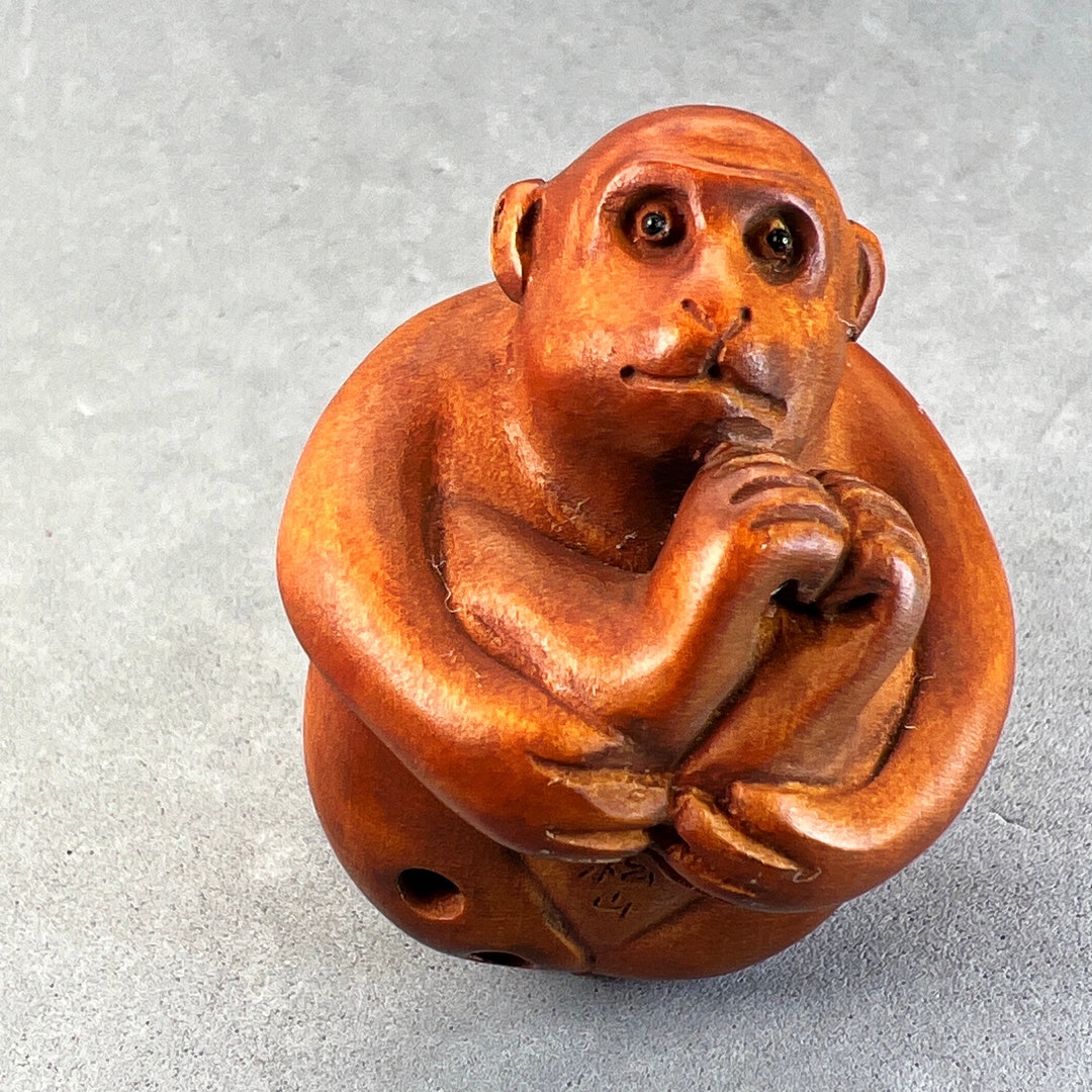 Hand Carved Boxwood Monkey Netsuke, Wood Monkey Netsuke, Boxwood Monkey