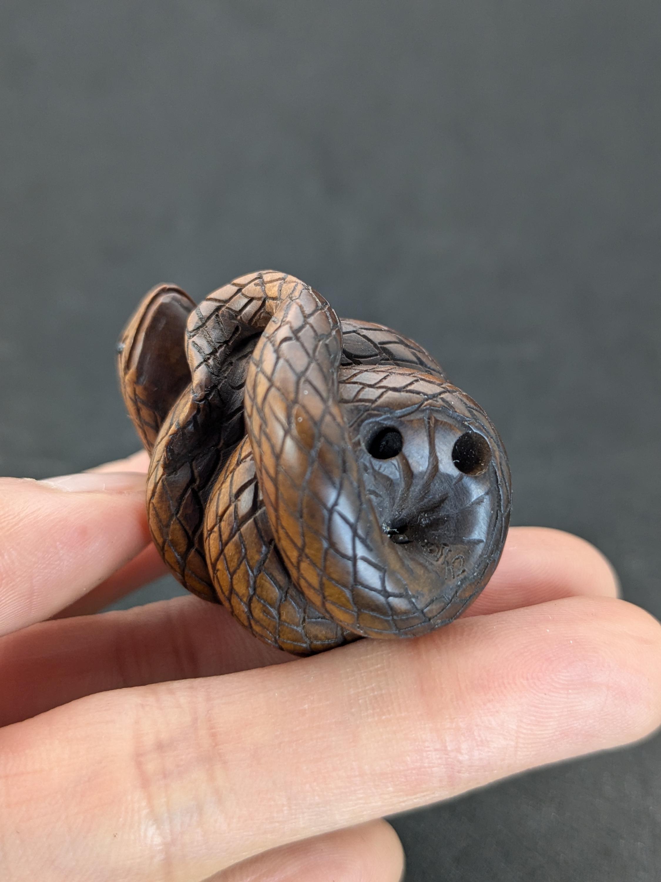 Hand Carved Boxwood Snake Netsuke, Wood Snake Netsuke, Boxwood