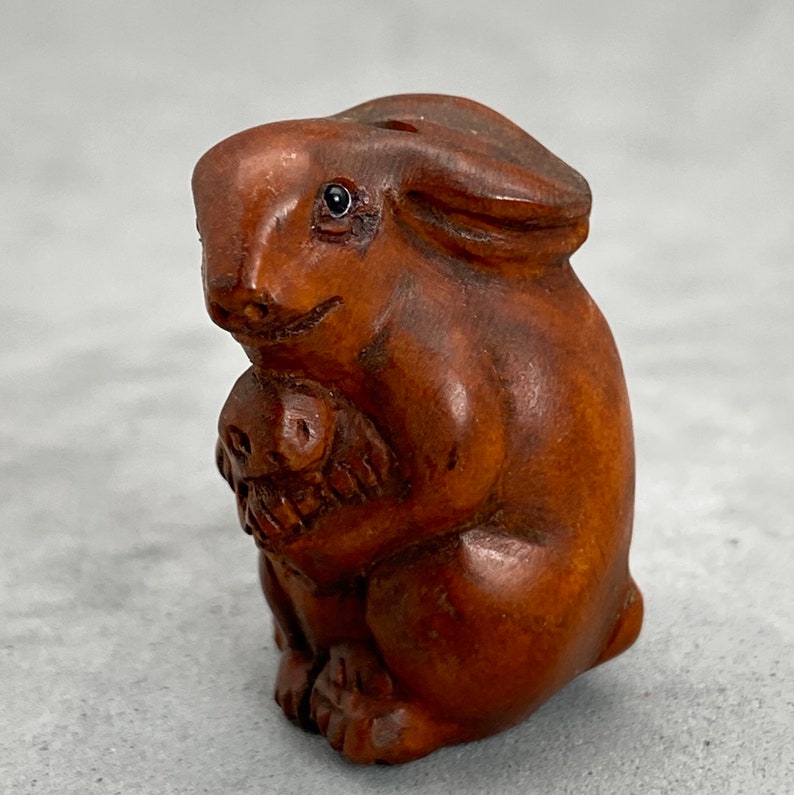 signed year of the hare hare One hand carved boxwood ojime: Mother and cub bunny wood rabbit charm rabbit kimono accessory toggle