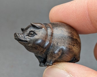 Wood carving: One (1) Hand carved teakwood bead of pig,  year of pig, pig charm, ironwood pig bead, wood pig charm, signed by artist