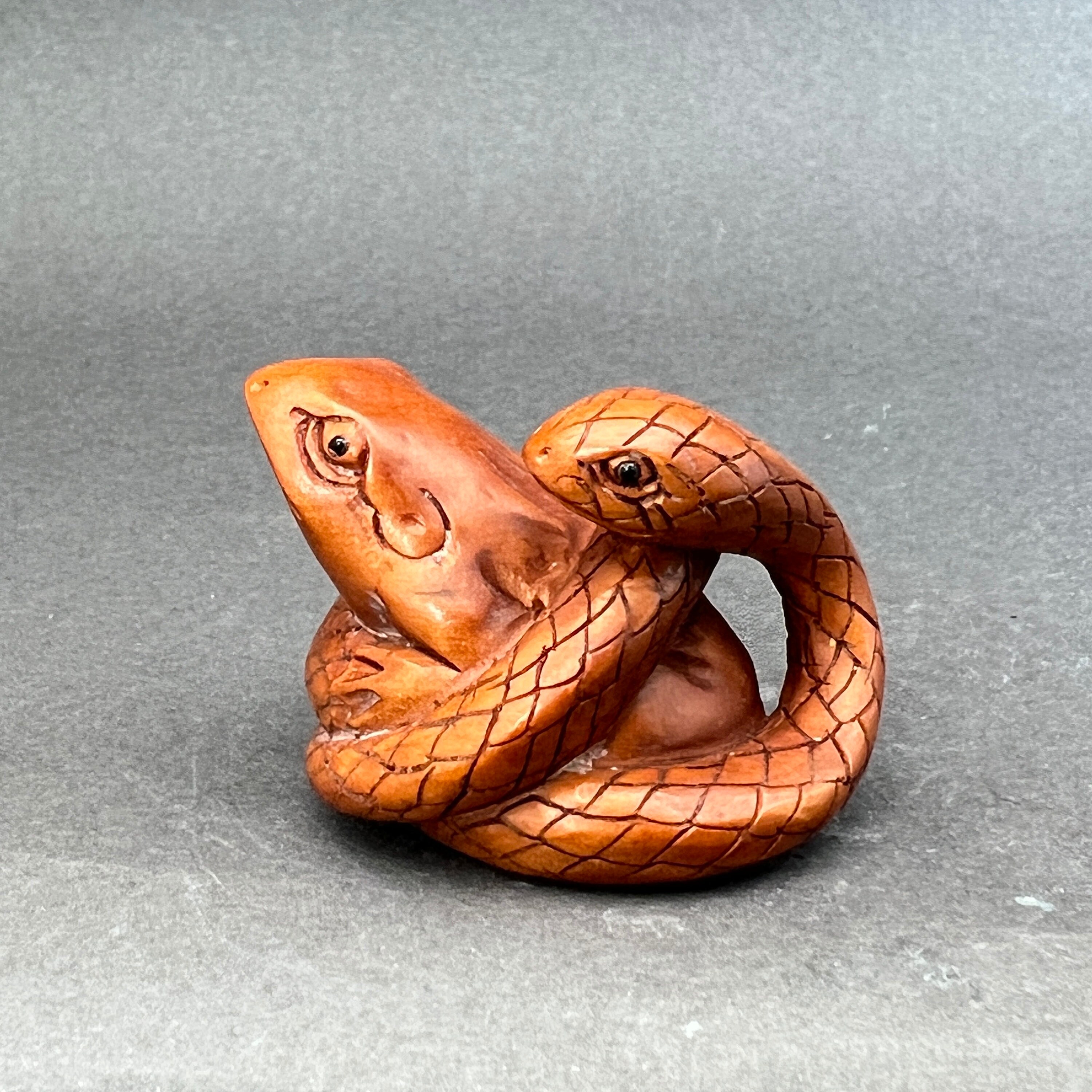 Hand Carved Boxwood Frog Wrapped by a Snake, Wood Frog Netsuke