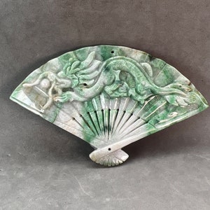 Estate Sale: Massive Vintage Hand carved Jadeite fan shape pendant of dragon, year of the dragon, green jade dragon pendant, men&#39;s pendant