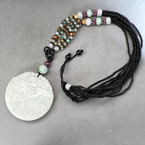 Artrade necklace: Hand carved Jadeite pendant of dragon and symbol of peace, natural color Burmese jade, translucent green dragon pendant