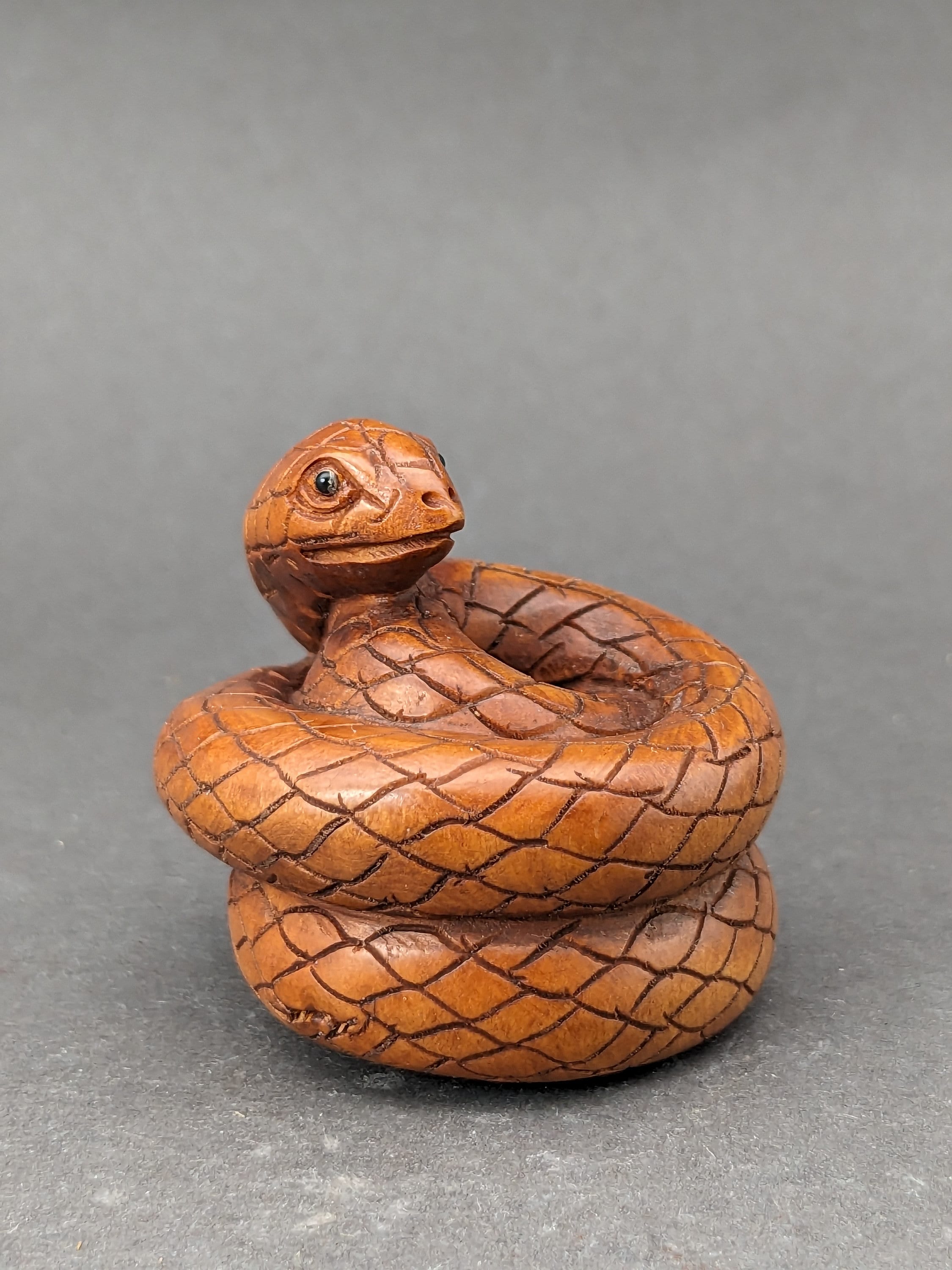 Hand Carved Boxwood Snake Netsuke, Wood Snake Netsuke, Boxwood