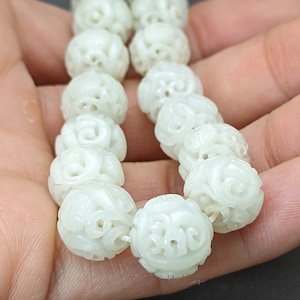 Jade bead: One(1) bead, Hand carved white jade round bead, genuine color, natural jadeite, fei cui, large hole, finely carved