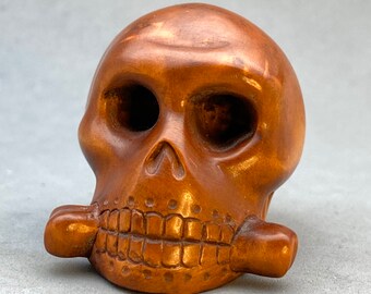 1.4" Hand Carved Tulipwood Netsuke Skull Skeleton Head Wood Carving Halloween 