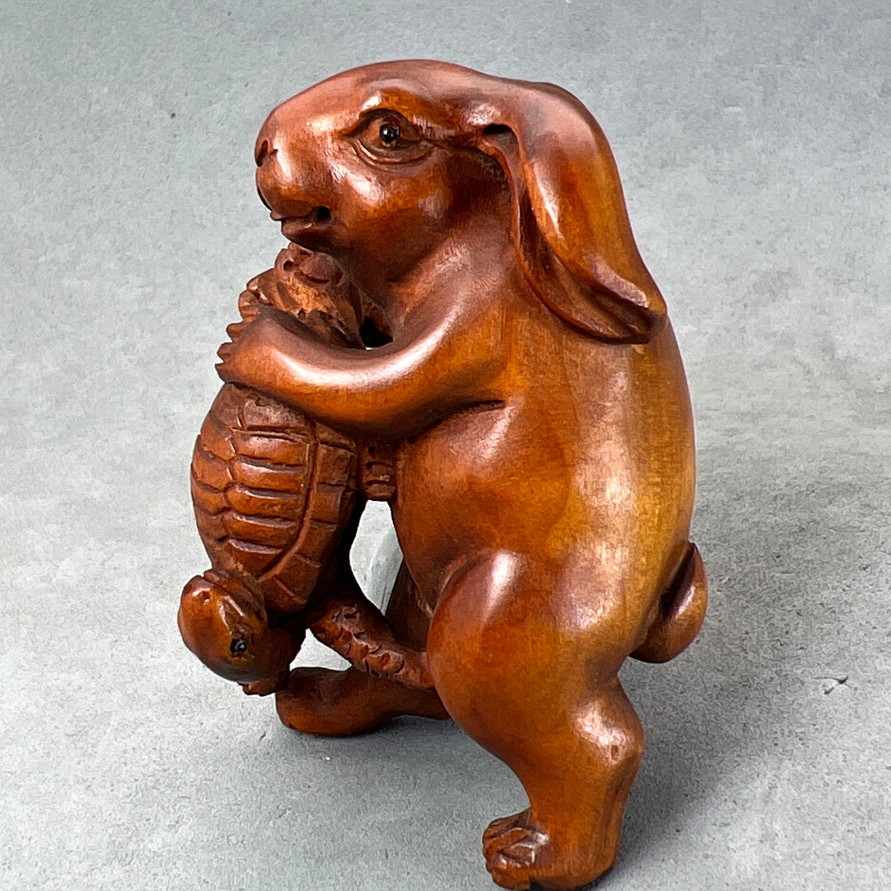 Boxwood Netsuke Rabbit Hand Carved Boxwood Netsuke of Rabbits, Year of Hare, Rabbit Charm ...