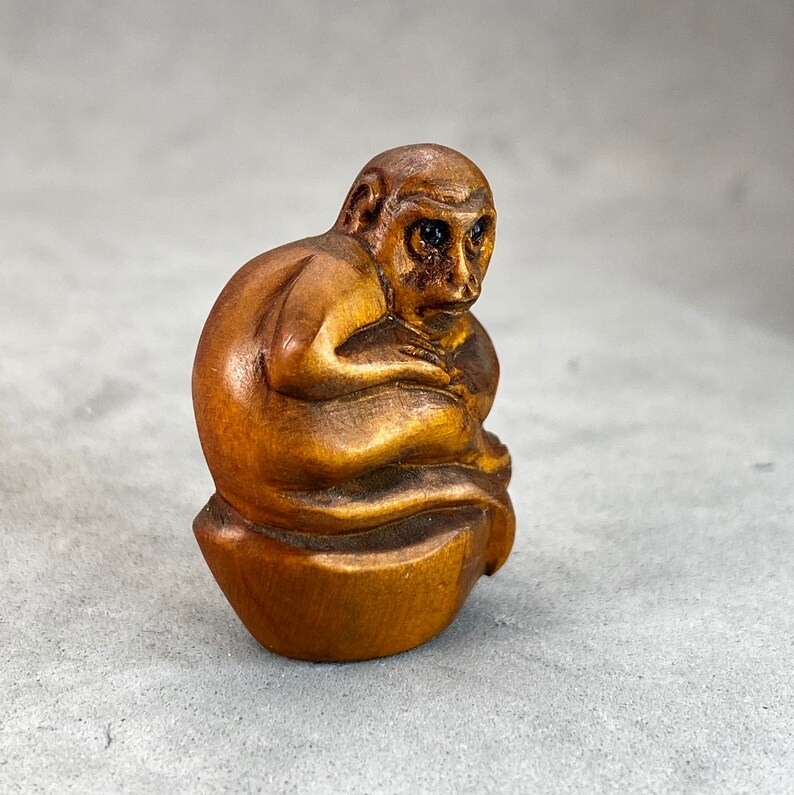 wood monkey bead symbol of prosperity and wisdom year of the monkey One hand carved boxwood ojime: Monkey signed by the artist