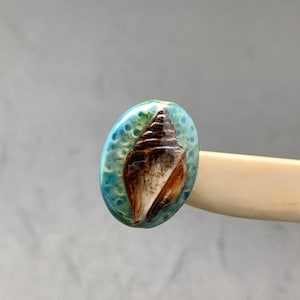 May include: A blue and green oval ceramic tile with a brown seashell design. The seashell is detailed with brown and white paint.