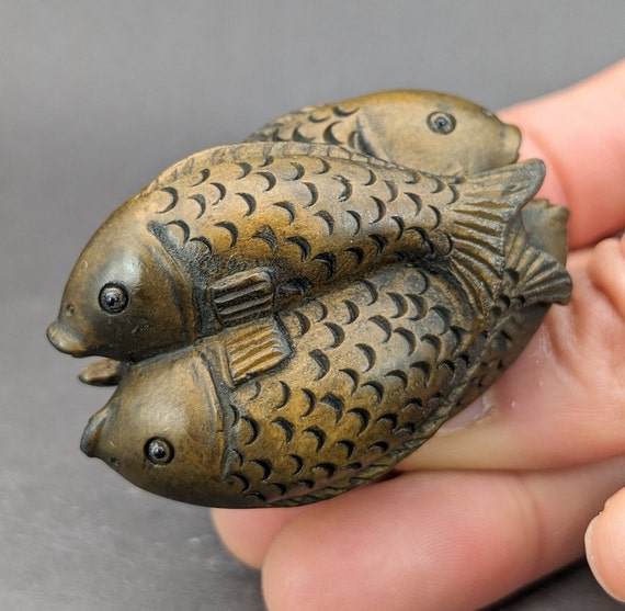 Hand Carved Boxwood Double Fish Netsuke, Wood Fish Netsuke
