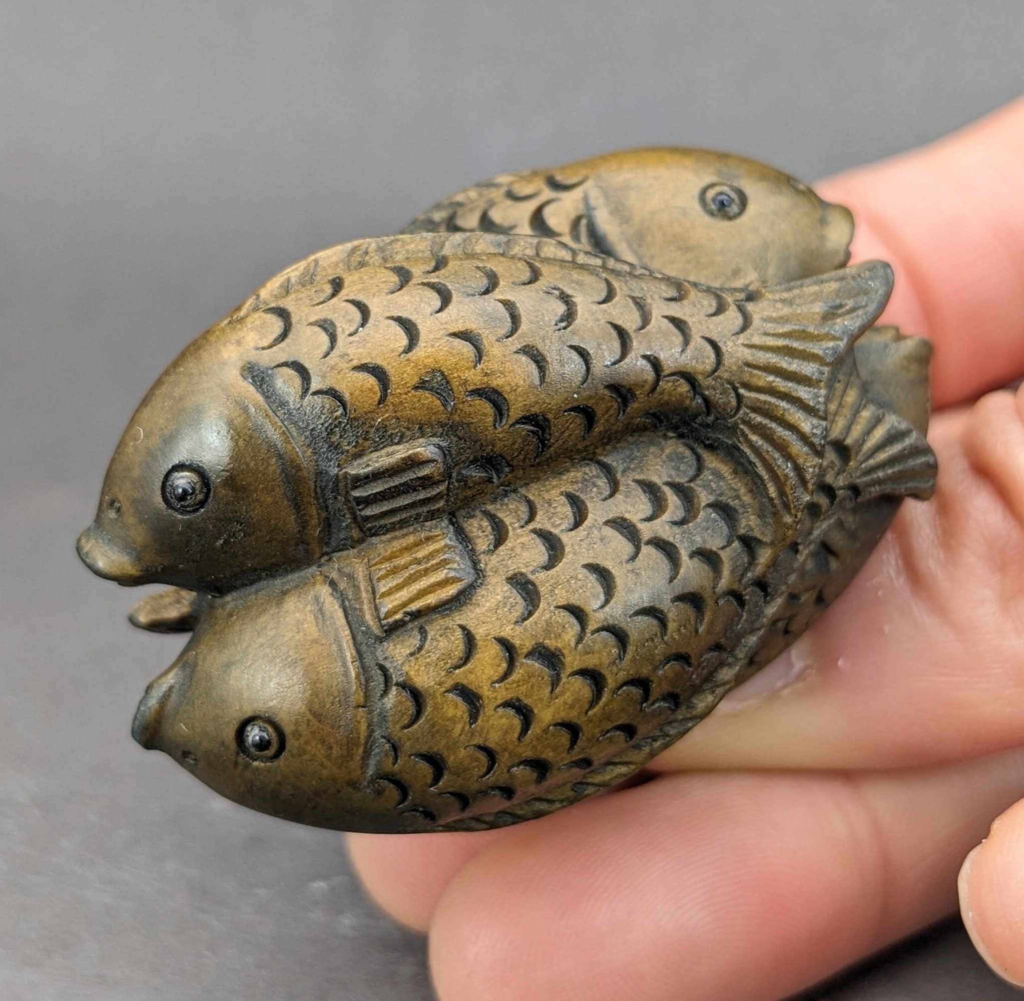 Hand Carved Boxwood Double Fish Netsuke, Wood Fish Netsuke